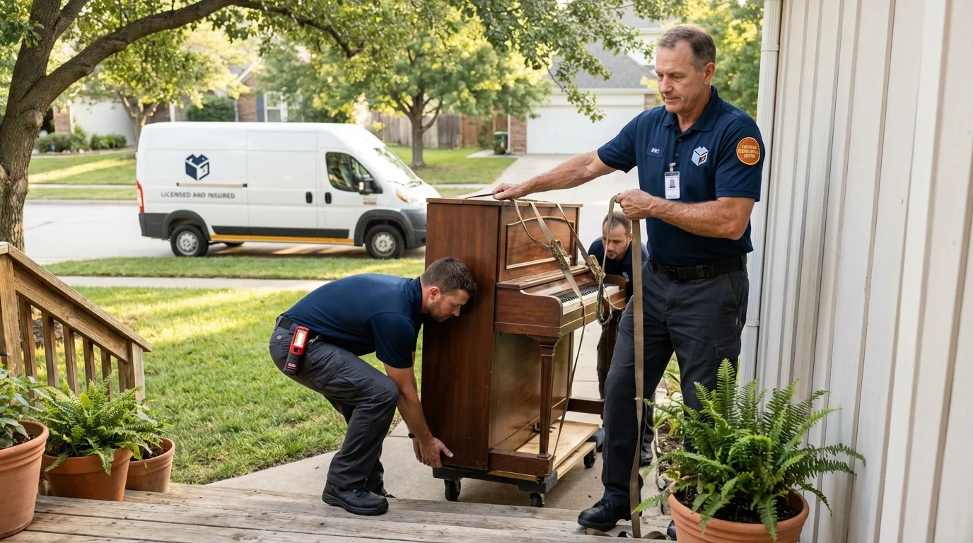 Licensed piano movers securing grand piano in Scotch Plains, NJ