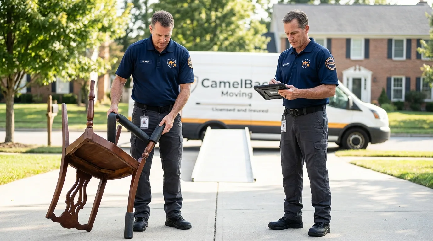 Movers inspecting furniture for damage prevention before loading in Scotch Plains, NJ