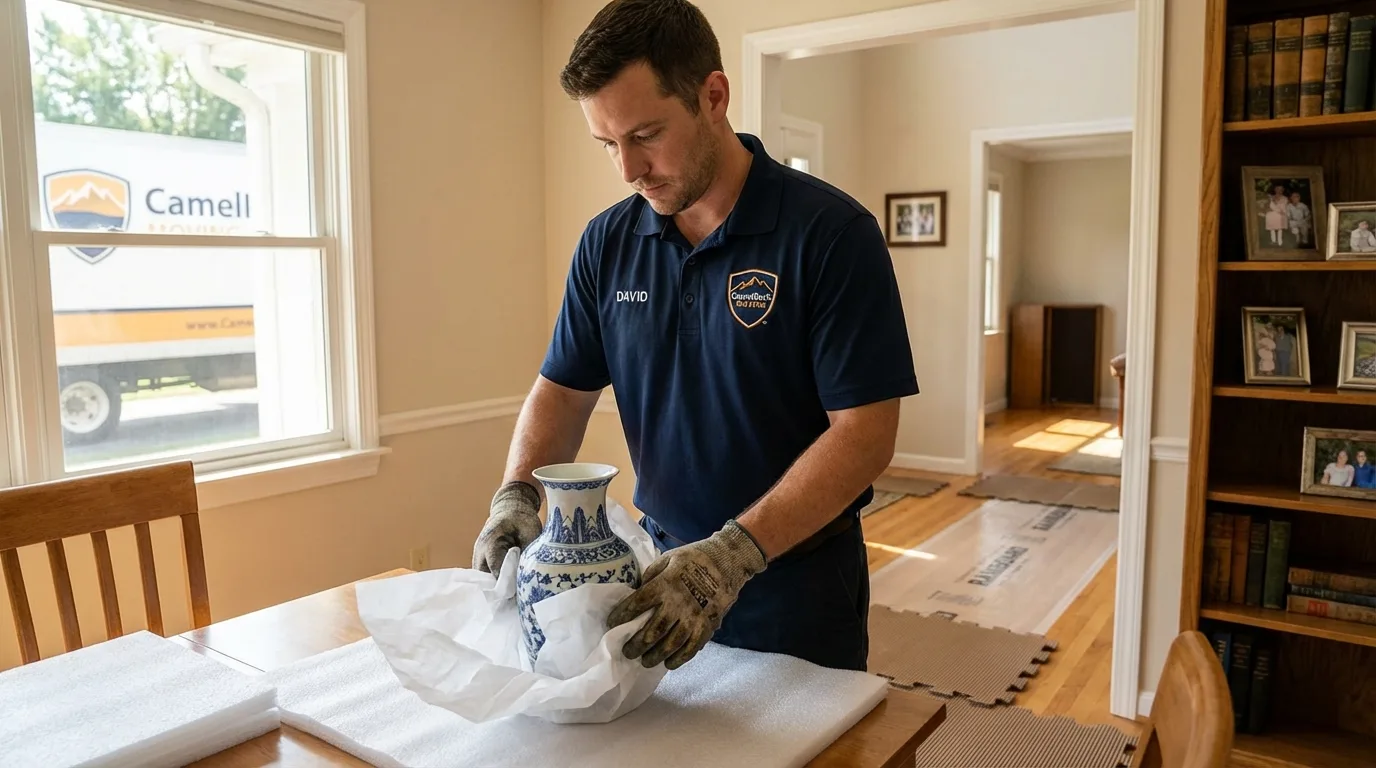 Professional crew carefully wrapping antique vase for senior downsizing move in Scotch Plains, NJ
